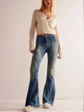 Free People We The Free Mermaid Mid Rise Flare Floral Printed Patchwork Jeans